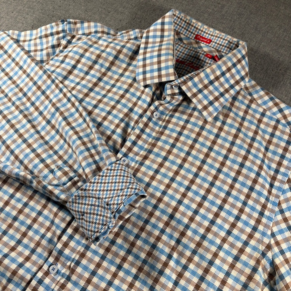 Report Collection Mens XL Blue‎ Brown Plaid Long Sleeve Cotton Button Down Shirt